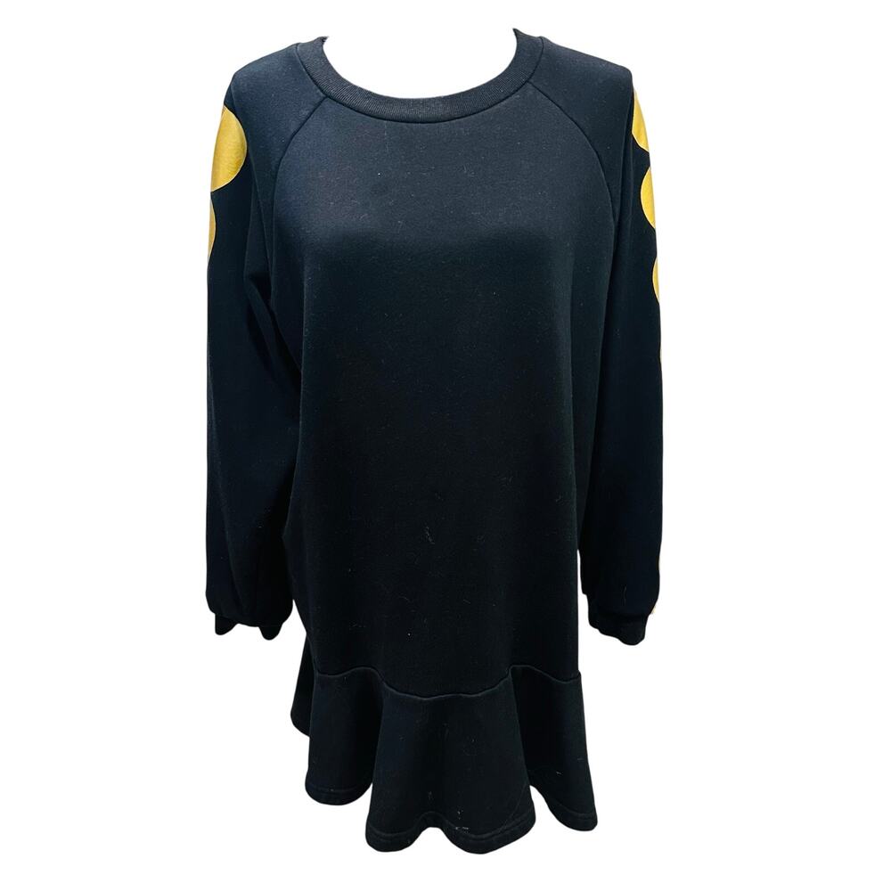 Black Scuba Sweatshirt Dress Gold Dots Ruffle Hem- Large - Picture 3 of 9